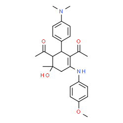 ChemSpider 2D Image | 1,1'-{2-[4-(Dimethylamino)phenyl]-6-hydroxy-4-[(4-methoxyphenyl)amino]-6-methyl-3-cyclohexene-1,3-diyl}diethanone | C26H32N2O4