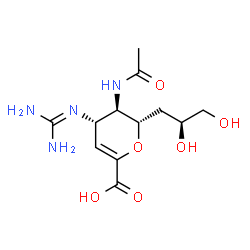 ChemSpider 2D Image | (6S)-5-Acetamido-2,6-anhydro-3,4,5-trideoxy-4-[(diaminomethylene)amino]-6-[(2S)-2,3-dihydroxypropyl]-L-threo-hex-2-enonic acid | C12H20N4O6