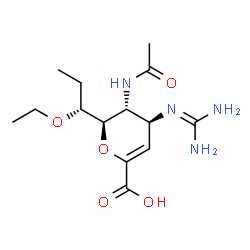 ChemSpider 2D Image | (6R)-5-Acetamido-2,6-anhydro-3,4,5-trideoxy-4-[(diaminomethylene)amino]-6-[(1R)-1-ethoxypropyl]-L-threo-hex-2-enonic acid | C14H24N4O5