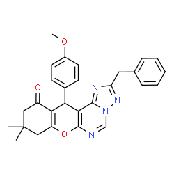 ChemSpider 2D Image | 2-Benzyl-12-(4-methoxyphenyl)-9,9-dimethyl-8,9,10,12-tetrahydro-11H-chromeno[3,2-e][1,2,4]triazolo[1,5-c]pyrimidin-11-one | C28H26N4O3