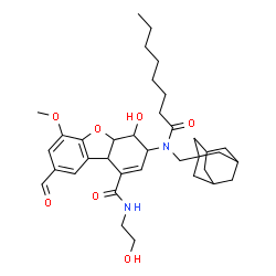 ChemSpider 2D Image | 3-[(Adamantan-1-ylmethyl)(octanoyl)amino]-8-formyl-4-hydroxy-N-(2-hydroxyethyl)-6-methoxy-3,4,4a,9b-tetrahydrodibenzo[b,d]furan-1-carboxamide | C36H50N2O7