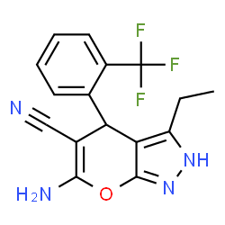 ChemSpider 2D Image | 6-Amino-3-ethyl-4-[2-(trifluoromethyl)phenyl]-2,4-dihydropyrano[2,3-c]pyrazole-5-carbonitrile | C16H13F3N4O