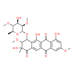 ChemSpider 2D Image | 1,6,11(2H)-Naphthacenetrione, 4-((6-deoxy-2,4-di-O-methyl-alpha-L-mannopyranosyl)oxy)-3,4-dihydro-2,5,7-trihydroxy-3,9-dimethoxy-2-methyl- | C29H32O13