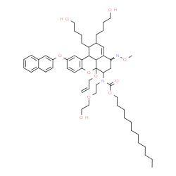 ChemSpider 2D Image | Dodecyl [6a-(allyloxy)-1,2-bis(4-hydroxybutyl)-4-(methoxyimino)-10-(2-naphthyloxy)-1,2,4,5,6,6a,11b,11c-octahydrobenzo[kl]xanthen-6-yl][2-(2-hydroxyethoxy)ethyl]carbamate | C55H78N2O10