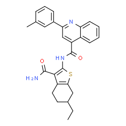 ChemSpider 2D Image | N-(3-Carbamoyl-6-ethyl-4,5,6,7-tetrahydro-1-benzothiophen-2-yl)-2-(3-methylphenyl)-4-quinolinecarboxamide | C28H27N3O2S