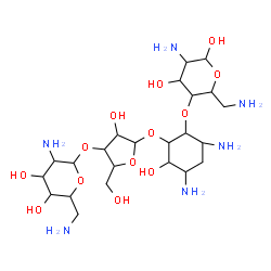 ChemSpider 2D Image | 2,6-Diamino-2,6-dideoxy-4-O-(4,6-diamino-2-{[3-O-(2,6-diamino-2,6-dideoxyhexopyranosyl)pentofuranosyl]oxy}-3-hydroxycyclohexyl)hexopyranose | C23H46N6O13