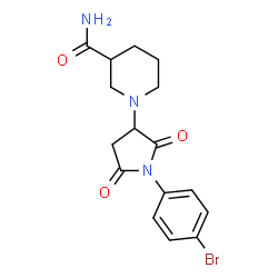 ChemSpider 2D Image | 1-[1-(4-Bromophenyl)-2,5-dioxo-3-pyrrolidinyl]-3-piperidinecarboxamide | C16H18BrN3O3