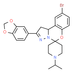 ChemSpider 2D Image | 2'-(1,3-Benzodioxol-5-yl)-9'-bromo-1-isopropyl-1',10b'-dihydrospiro[piperidine-4,5'-pyrazolo[1,5-c][1,3]benzoxazine] | C24H26BrN3O3
