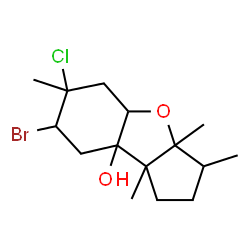 ChemSpider 2D Image | 7-Bromo-6-chloro-3,3a,6,8b-tetramethyloctahydro-1H-benzo[b]cyclopenta[d]furan-8a(4aH)-ol | C15H24BrClO2