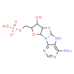 ChemSpider 2D Image | (4-Amino-7-hydroxy-6a,7,8,9a-tetrahydro-5H-furo[2',3':4,5][1,3]thiazolo[3,2-e]purin-10-ium-8-yl)methyl hydrogen phosphate | C10H12N5O6PS
