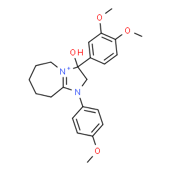 ChemSpider 2D Image | 3-(3,4-Dimethoxyphenyl)-3-hydroxy-1-(4-methoxyphenyl)-1,2,3,5,6,7,8,9-octahydroimidazo[1,2-a]azepin-4-ium | C23H29N2O4