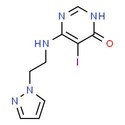 ChemSpider 2D Image | 5-Iodo-6-{[2-(1H-pyrazol-1-yl)ethyl]amino}-4(3H)-pyrimidinone | C9H10IN5O