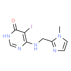 ChemSpider 2D Image | 5-Iodo-6-{[(1-methyl-1H-imidazol-2-yl)methyl]amino}-4(3H)-pyrimidinone | C9H10IN5O