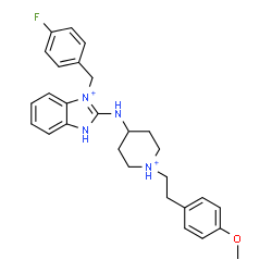 ChemSpider 2D Image | 3-(4-Fluorobenzyl)-2-({1-[2-(4-methoxyphenyl)ethyl]-4-piperidiniumyl}amino)-1H-3,1-benzimidazol-3-ium | C28H33FN4O