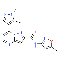 ChemSpider 2D Image | 7-(1,5-Dimethyl-1H-pyrazol-4-yl)-N-(5-methyl-1,2-oxazol-3-yl)pyrazolo[1,5-a]pyrimidine-2-carboxamide | C16H15N7O2