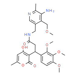 ChemSpider 2D Image | N-{[5-Amino-4-(methoxymethyl)-6-methyl-3-pyridinyl]methyl}-3-(4-hydroxy-6-methyl-2-oxo-2H-pyran-3-yl)-3-(2,3,4-trimethoxyphenyl)propanamide | C27H33N3O8