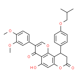 ChemSpider 2D Image | 3-(3,4-Dimethoxyphenyl)-5-hydroxy-10-(4-isobutoxyphenyl)-9,10-dihydro-4H,8H-pyrano[2,3-f]chromene-4,8-dione | C30H28O8