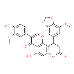 ChemSpider 2D Image | 3-(3,4-Dimethoxyphenyl)-5-hydroxy-10-(7-methoxy-1,3-benzodioxol-5-yl)-9,10-dihydro-4H,8H-pyrano[2,3-f]chromene-4,8-dione | C28H22O10