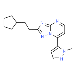 ChemSpider 2D Image | 2-(2-Cyclopentylethyl)-7-(1-methyl-1H-pyrazol-5-yl)[1,2,4]triazolo[1,5-a]pyrimidine | C16H20N6
