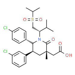 ChemSpider 2D Image | {(3S,5S,6S)-5-(3-Chlorophenyl)-6-(4-chlorophenyl)-1-[(2S)-1-(isopropylsulfonyl)-3-methyl-2-butanyl]-3-methyl-2-oxo-3-piperidinyl}acetic acid | C28H35Cl2NO5S