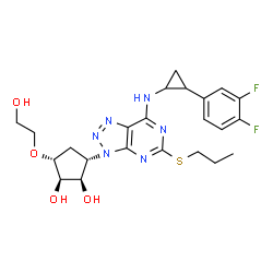 ChemSpider 2D Image | (1R,2R,3S,5R)-3-[7-{[2-(3,4-Difluorophenyl)cyclopropyl]amino}-5-(propylsulfanyl)-3H-[1,2,3]triazolo[4,5-d]pyrimidin-3-yl]-5-(2-hydroxyethoxy)-1,2-cyclopentanediol | C23H28F2N6O4S