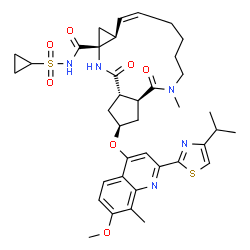 ChemSpider 2D Image | (2S,3aS,10Z,11aS,12aR,14aS)-N-(Cyclopropylsulfonyl)-2-{[2-(4-isopropyl-1,3-thiazol-2-yl)-7-methoxy-8-methyl-4-quinolinyl]oxy}-5-methyl-4,14-dioxo-2,3,3a,4,5,6,7,8,9,11a,12,13,14,14a-tetradecahydrocycl
openta[c]cyclopropa[g][1,6]diazacyclotetradecine-12a(1H)-carboxamide | C38H47N5O7S2
