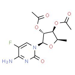 ChemSpider 2D Image | 4-Amino-1-(2,3-di-O-acetyl-5-deoxy-beta-D-xylofuranosyl)-5-fluoro-2(1H)-pyrimidinone | C13H16FN3O6