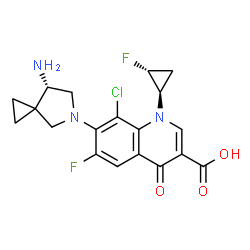 ChemSpider 2D Image | 7-[(7S)-7-Amino-5-azaspiro[2.4]hept-5-yl]-8-chloro-6-fluoro-1-[(1R,2R)-2-fluorocyclopropyl]-4-oxo-1,4-dihydro-3-quinolinecarboxylic acid | C19H18ClF2N3O3