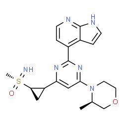 ChemSpider 2D Image | 4-{4-[(3R)-3-Methyl-4-morpholinyl]-6-[(2R)-2-(S-methylsulfonimidoyl)cyclopropyl]-2-pyrimidinyl}-1H-pyrrolo[2,3-b]pyridine | C20H24N6O2S