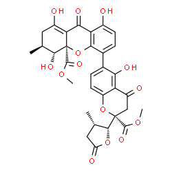 ChemSpider 2D Image | Methyl (3S,4R,4aR)-1,4,8-trihydroxy-5-{(2S)-5-hydroxy-2-(methoxycarbonyl)-2-[(2R,3S)-3-methyl-5-oxotetrahydro-2-furanyl]-4-oxo-3,4-dihydro-2H-chromen-6-yl}-3-methyl-9-oxo-2,3,4,9-tetrahydro-4aH-xanthe
ne-4a-carboxylate | C32H30O14