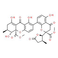 ChemSpider 2D Image | Methyl (3S,4R,4aR)-1,4,8-trihydroxy-7-{(2S)-5-hydroxy-2-(methoxycarbonyl)-2-[(2R,3S)-3-methyl-5-oxotetrahydro-2-furanyl]-4-oxo-3,4-dihydro-2H-chromen-8-yl}-3-methyl-9-oxo-2,3,4,9-tetrahydro-4aH-xanthe
ne-4a-carboxylate | C32H30O14