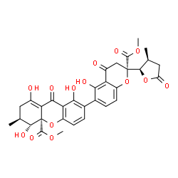 ChemSpider 2D Image | Methyl (3S,4R,4aR)-1,4,8-trihydroxy-7-{(2S)-5-hydroxy-2-(methoxycarbonyl)-2-[(2R,3S)-3-methyl-5-oxotetrahydro-2-furanyl]-4-oxo-3,4-dihydro-2H-chromen-6-yl}-3-methyl-9-oxo-2,3,4,9-tetrahydro-4aH-xanthe
ne-4a-carboxylate | C32H30O14