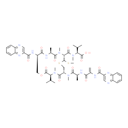 ChemSpider 2D Image | N-({(3S,6R,9S,10R,13S,16R)-3-Isopropyl-4,11,13-trimethyl-6-[methyl(N-{2-[(2-quinoxalinylcarbonyl)amino]acryloyl}-L-alanyl)amino]-9-(methylsulfanyl)-2,5,12,15-tetraoxo-16-[(2-quinoxalinylcarbonyl)amino
]-1-oxa-8-thia-4,11,14-triazacycloheptadecan-10-yl}carbonyl)-N-methyl-L-valine | C51H64N12O12S2