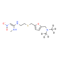 ChemSpider 2D Image | (E)-N-[2-({[5-({Bis[(~2~H_3_)methyl]amino}methyl)-2-furyl]methyl}sulfanyl)ethyl]-N'-methyl-2-nitro-1,1-ethenediamine | C13H16D6N4O3S