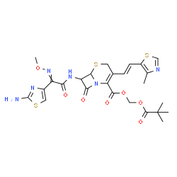 ChemSpider 2D Image | [(2,2-Dimethylpropanoyl)oxy]methyl 7-{[(2-amino-1,3-thiazol-4-yl)(methoxyimino)acetyl]amino}-3-[(E)-2-(4-methyl-1,3-thiazol-5-yl)vinyl]-8-oxo-5-thia-1-azabicyclo[4.2.0]oct-2-ene-2-carboxylate | C25H28N6O7S3
