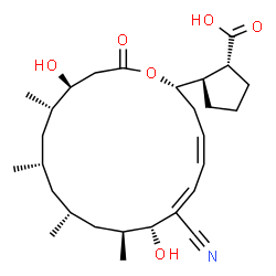 ChemSpider 2D Image | (1R,2R)-2-[(2S,4Z,6Z,8R,9S,11R,13S,15S,16S)-7-Cyano-8,16-dihydroxy-9,11,13,15-tetramethyl-18-oxooxacyclooctadeca-4,6-dien-2-yl]cyclopentanecarboxylic acid | C28H43NO6