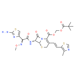 ChemSpider 2D Image | [(2,2-Dimethylpropanoyl)oxy]methyl (6R,7R)-7-{[(2-amino-1,3-thiazol-4-yl)(methoxyimino)acetyl]amino}-3-[(E)-2-(4-methyl-1,3-thiazol-5-yl)vinyl]-8-oxo-5-thia-1-azabicyclo[4.2.0]oct-2-ene-2-carboxylate | C25H28N6O7S3