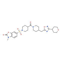 ChemSpider 2D Image | 3-Methyl-6-({4-[(4-{[3-(tetrahydro-2H-pyran-4-yl)-1,2,4-oxadiazol-5-yl]methyl}-1-piperidinyl)carbonyl]-1-piperidinyl}sulfonyl)-1,3-benzoxazol-2(3H)-one | C27H35N5O7S