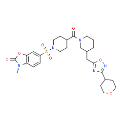 ChemSpider 2D Image | 3-Methyl-6-({4-[(3-{[3-(tetrahydro-2H-pyran-4-yl)-1,2,4-oxadiazol-5-yl]methyl}-1-piperidinyl)carbonyl]-1-piperidinyl}sulfonyl)-1,3-benzoxazol-2(3H)-one | C27H35N5O7S