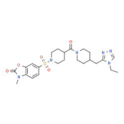 ChemSpider 2D Image | 6-{[4-({4-[(4-Ethyl-4H-1,2,4-triazol-3-yl)methyl]-1-piperidinyl}carbonyl)-1-piperidinyl]sulfonyl}-3-methyl-1,3-benzoxazol-2(3H)-one | C24H32N6O5S