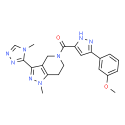 ChemSpider 2D Image | [3-(3-Methoxyphenyl)-1H-pyrazol-5-yl][1-methyl-3-(4-methyl-4H-1,2,4-triazol-3-yl)-1,4,6,7-tetrahydro-5H-pyrazolo[4,3-c]pyridin-5-yl]methanone | C21H22N8O2