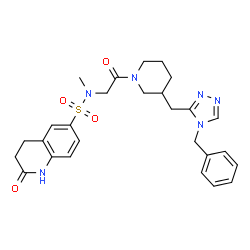ChemSpider 2D Image | N-(2-{3-[(4-Benzyl-4H-1,2,4-triazol-3-yl)methyl]-1-piperidinyl}-2-oxoethyl)-N-methyl-2-oxo-1,2,3,4-tetrahydro-6-quinolinesulfonamide | C27H32N6O4S