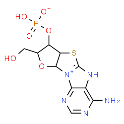 ChemSpider 2D Image | 4-Amino-8-(hydroxymethyl)-6a,7,8,9a-tetrahydro-5H-furo[2',3':4,5][1,3]thiazolo[3,2-e]purin-10-ium-7-yl hydrogen phosphate | C10H12N5O6PS