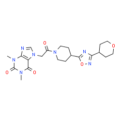 ChemSpider 2D Image | 1,3-Dimethyl-7-(2-oxo-2-{4-[3-(tetrahydro-2H-pyran-4-yl)-1,2,4-oxadiazol-5-yl]-1-piperidinyl}ethyl)-3,7-dihydro-1H-purine-2,6-dione | C21H27N7O5