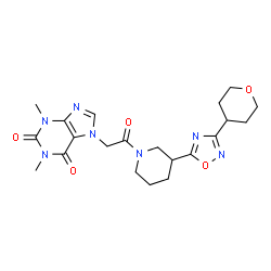 ChemSpider 2D Image | 1,3-Dimethyl-7-(2-oxo-2-{3-[3-(tetrahydro-2H-pyran-4-yl)-1,2,4-oxadiazol-5-yl]-1-piperidinyl}ethyl)-3,7-dihydro-1H-purine-2,6-dione | C21H27N7O5