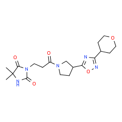 ChemSpider 2D Image | 5,5-Dimethyl-3-(3-oxo-3-{3-[3-(tetrahydro-2H-pyran-4-yl)-1,2,4-oxadiazol-5-yl]-1-pyrrolidinyl}propyl)-2,4-imidazolidinedione | C19H27N5O5