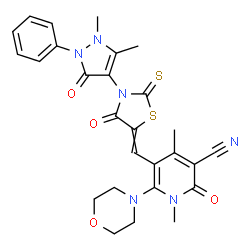 ChemSpider 2D Image | 5-{[3-(1,5-Dimethyl-3-oxo-2-phenyl-2,3-dihydro-1H-pyrazol-4-yl)-4-oxo-2-thioxo-1,3-thiazolidin-5-ylidene]methyl}-1,4-dimethyl-6-(4-morpholinyl)-2-oxo-1,2-dihydro-3-pyridinecarbonitrile | C27H26N6O4S2