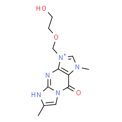 ChemSpider 2D Image | 3-[(2-Hydroxyethoxy)methyl]-1,6-dimethyl-9-oxo-5,9-dihydro-1H-imidazo[1,2-a]purin-3-ium | C12H16N5O3