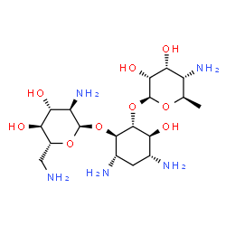 ChemSpider 2D Image | (1R,2R,3S,5R,6S)-3,5-Diamino-2-[(2,6-diamino-2,6-dideoxy-alpha-D-glucopyranosyl)oxy]-6-hydroxycyclohexyl 4-amino-4,6-dideoxy-beta-D-allopyranoside | C18H37N5O9