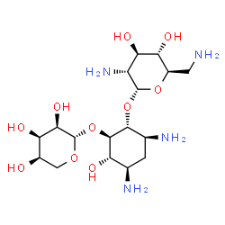 ChemSpider 2D Image | (1R,2R,3S,4R,6S)-4,6-Diamino-3-hydroxy-2-(beta-D-ribopyranosyloxy)cyclohexyl 2,6-diamino-2,6-dideoxy-alpha-D-glucopyranoside | C17H34N4O10